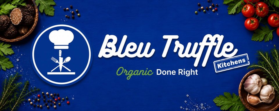 The banner Chef Al designed: the chef emblem and script wordmark in white on cobalt, framed by black truffles, herbs, peppercorns, tomatoes and garlic, with the line Organic Done Right beneath the name.
