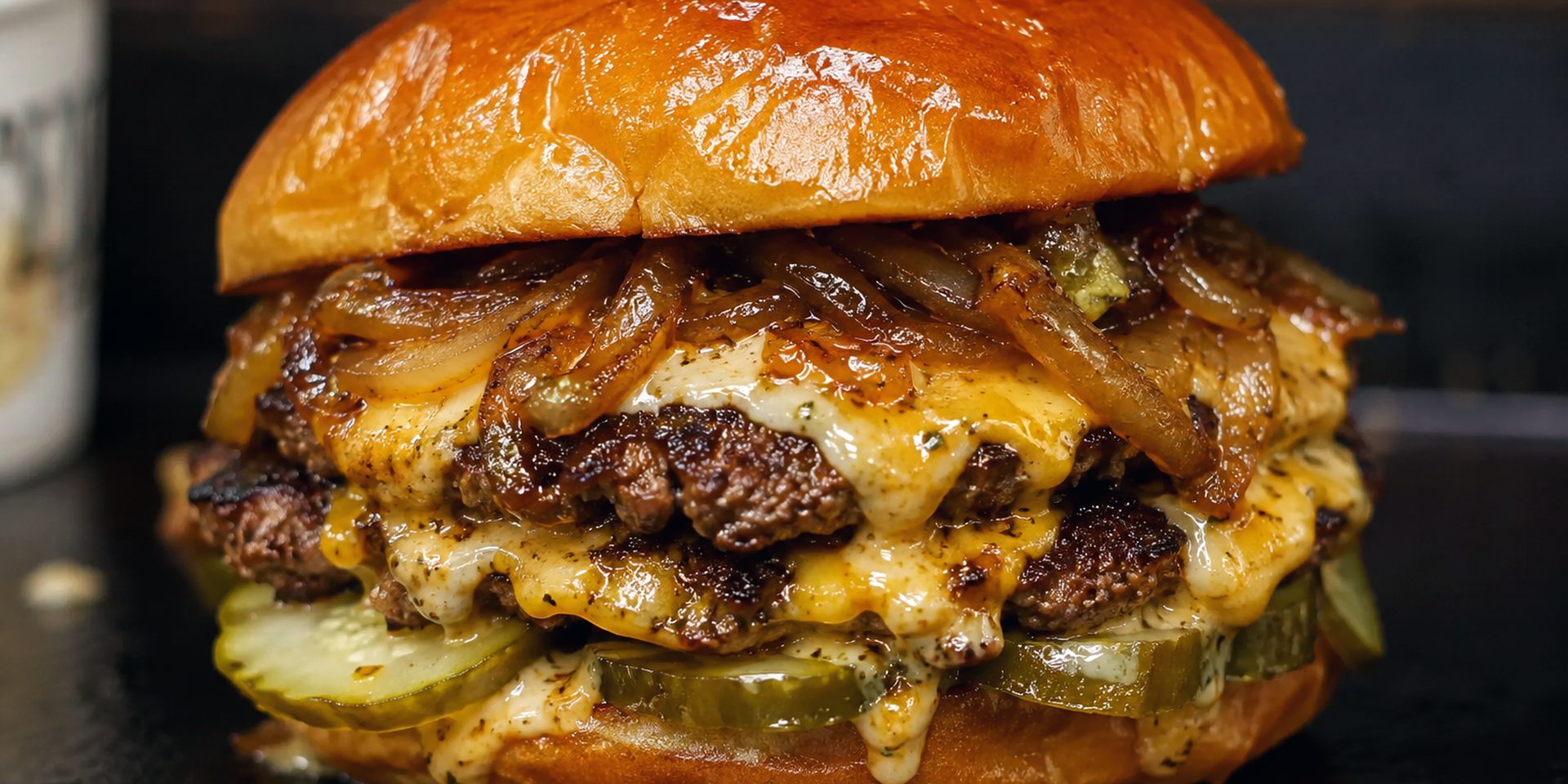 Bull Dog and Butter, a double smash burger with melted cheese and bourbon caramelized onions.