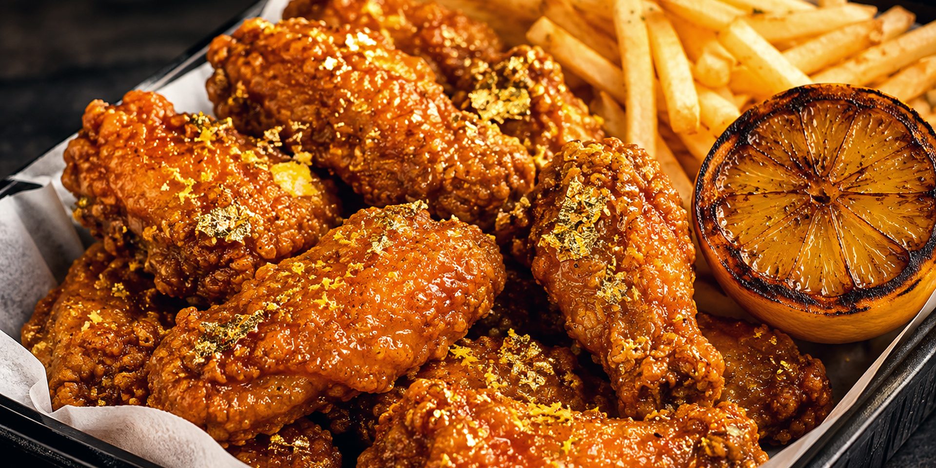 Golden Pepper Wings in a bright glaze, plated and ready for service.