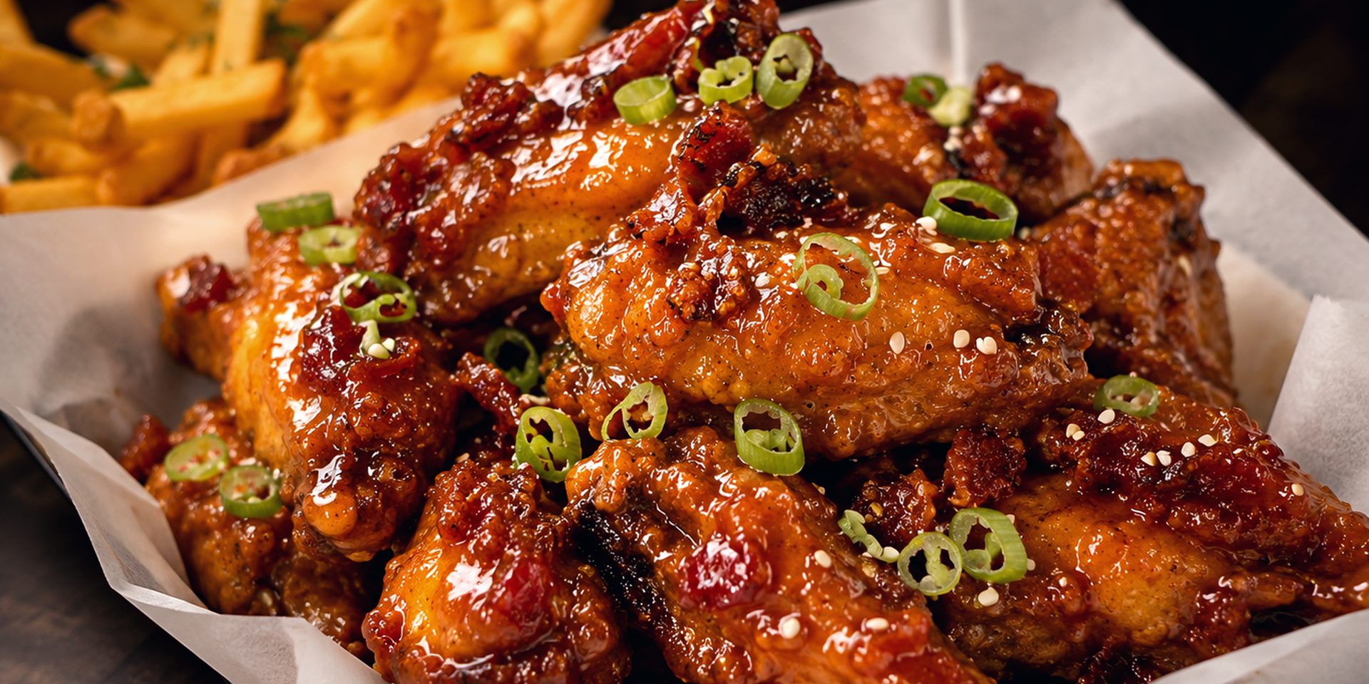 Maple Bacon Bourbon Wings glazed and scattered with bacon and green onion, served with fries.