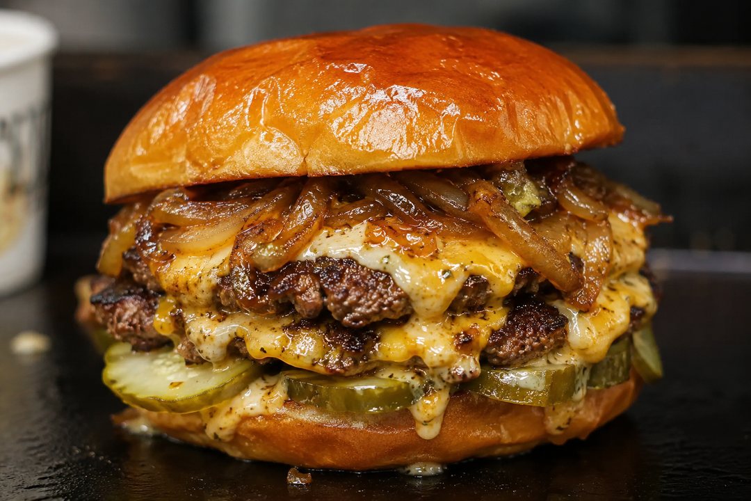 Bull Dog and Butter, a double smash burger with melted cheese, caramelized onions and dill pickles.