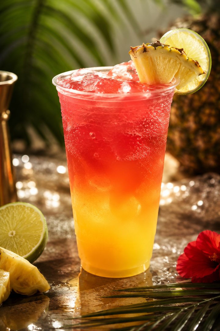 The Caribbean Sunset in a tall glass over ice, gold at the base rising to red, garnished with pineapple and a lime wheel.