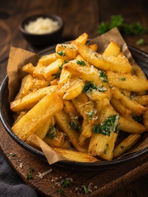 A bowl of golden hand cut fries scattered with grated Parmesan and parsley, with a dish of Parmesan behind.