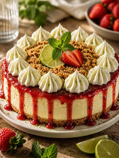 The Strawberry Mojito Cheesecake, strawberry compote running down the sides, crowned with vanilla Chantilly rosettes, golden crumb, mint and lime zest.