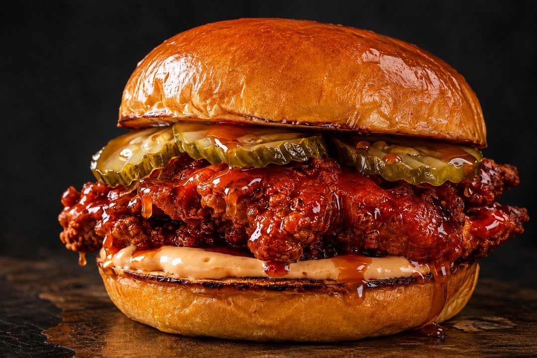 The Bleu Bird, a crispy buttermilk chicken thigh sandwich with dill pickles on a toasted brioche bun.