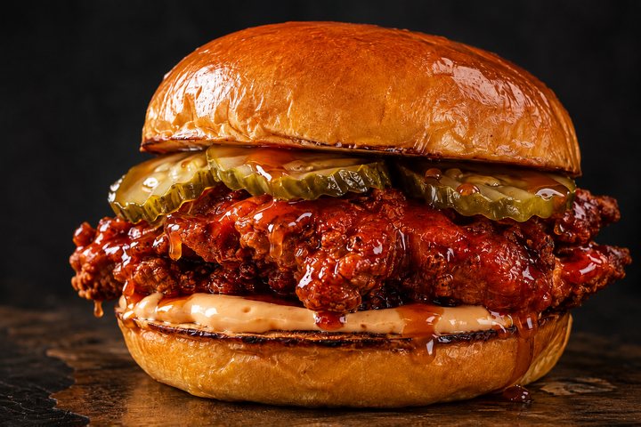 The Bleu Bird, a crispy buttermilk chicken thigh sandwich with dill pickles.