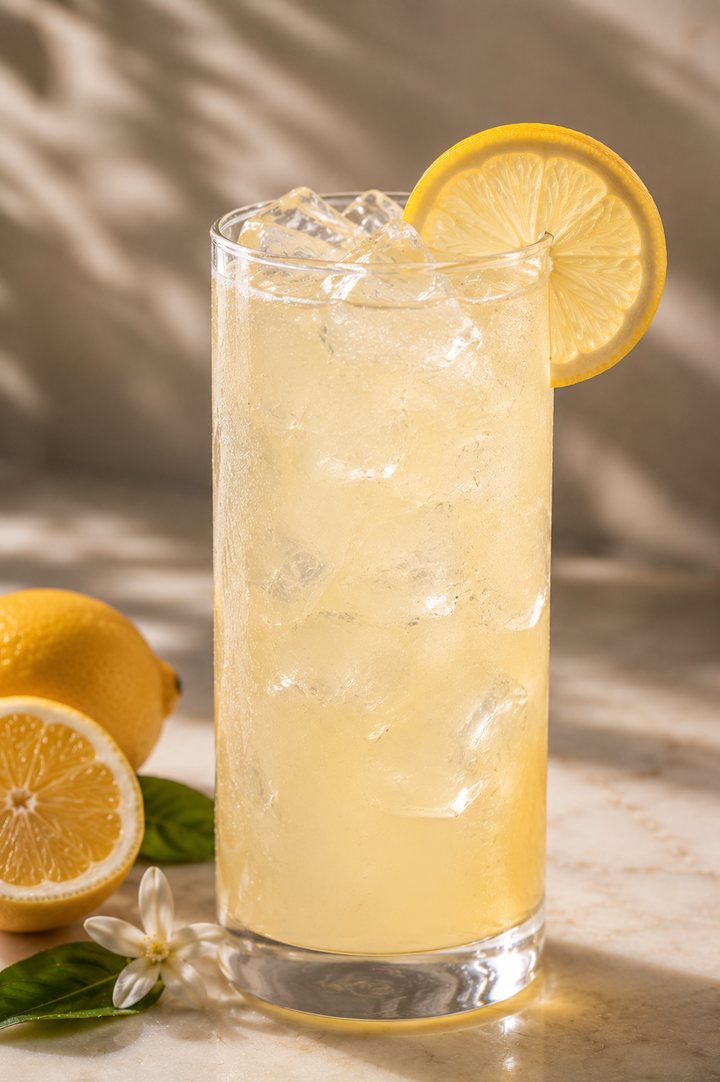 Vanilla Zest Lemonade over ice in a tall glass with a lemon wheel and a salted rim.